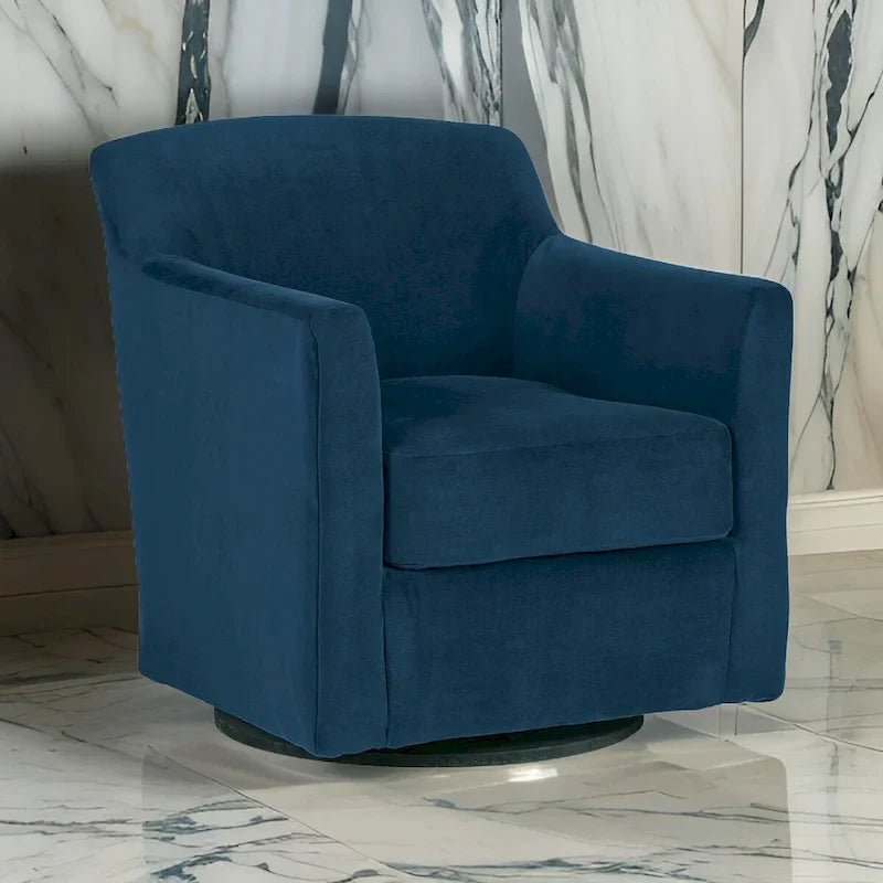 Leena Blue Velvet Swivel Accent Chair with Shelter Style Arms and Black Wood Base