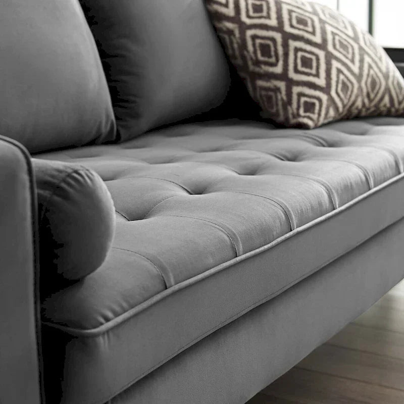 Mid Century Velvet Sofa with Tufted Back and Wooden Legs