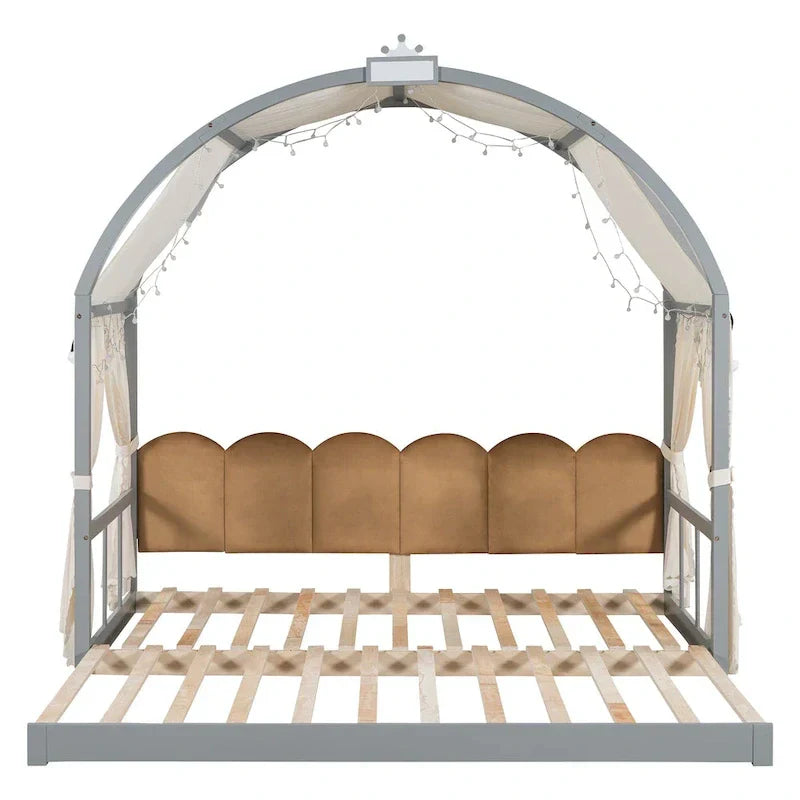 Gray Twin Bed with Arched Canopy and Trundle