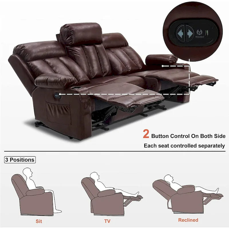 MCombo Faux Leather Electric Reclining Sofa with Heat and Massage - Models 6095/6075/6077