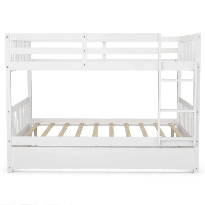 Solid Wood Full Over Full Bunk Bed Frame with Trundle, Safety Ladder & Guardrails, Convertible Bunk Bed for Kids Teens