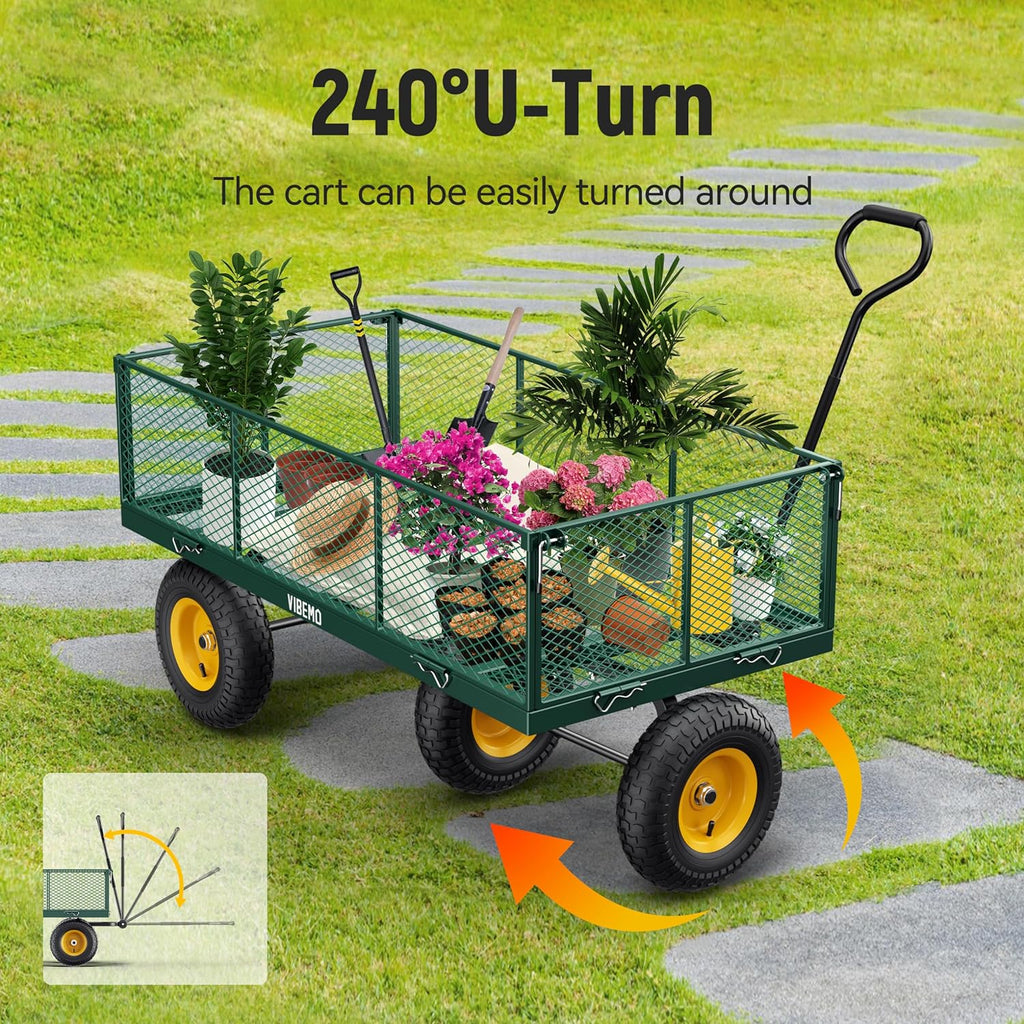 Steel Garden Cart, 2-in-1 1400 lbs Heavy Duty Utility Wagon, with Removable Mesh Sides to Convert into Flatbed, 240 U-Turn 13" Pneumatic Tires Garden Wagon for Farm Yard Lawn Garden Camping