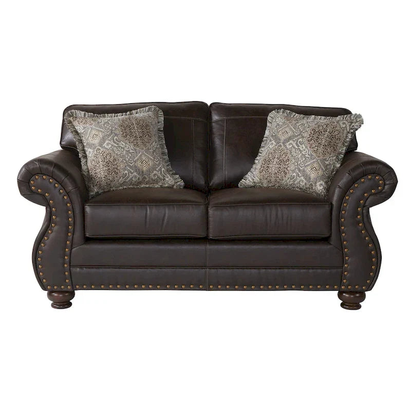Roundhill Furniture Leinster Espresso Fabric Upholstered Sofa and Loveseat Set with Nailhead Trim