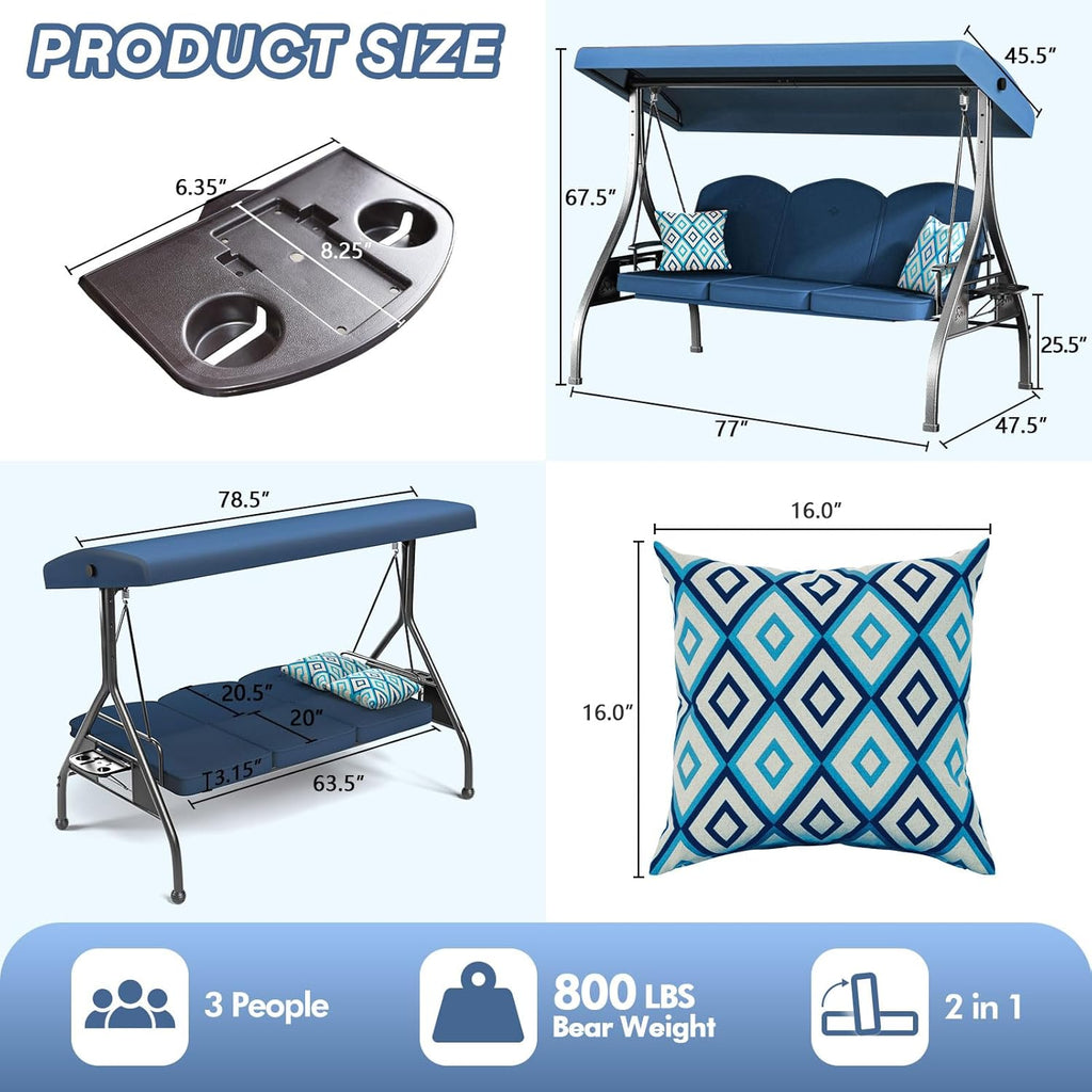 3 Seat Outdoor Porch Patio Swing with Stand 800lbs 2-in-1 Convertible Swing Bed with Adjustable Canopy & Removable Cushion for Yard Garden Deck (Blue  Square Tube)