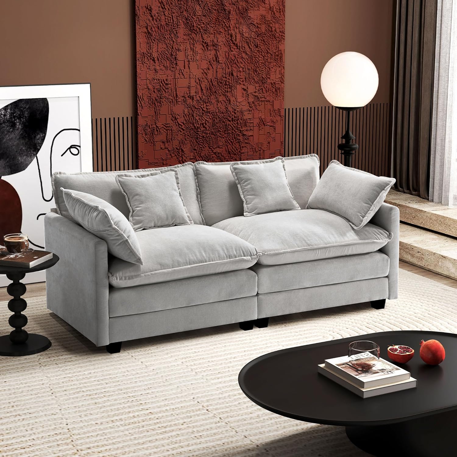 Ihanherry 146" U-Shaped Modern Sofa Modular Sectional Cloud Couch with 2 Ottoman, 6-Seat Chenille Deep Seat Sofa with 6 Pillows for Living Room, Bedroom and Apartment, Grey
