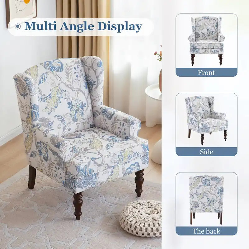 Set of 2 Accent Armchairs with Turned Legs in Blue, Beige, and Grey