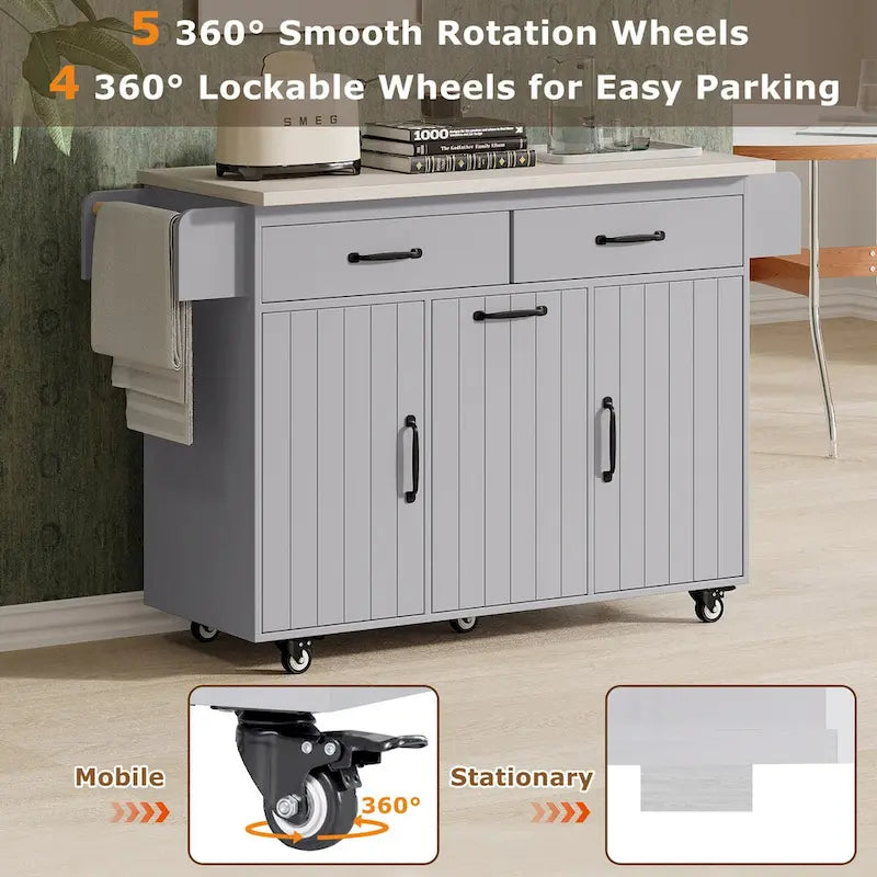 Kitchen Island with Built-In Trash Can Storage and Drop Leaf Cart