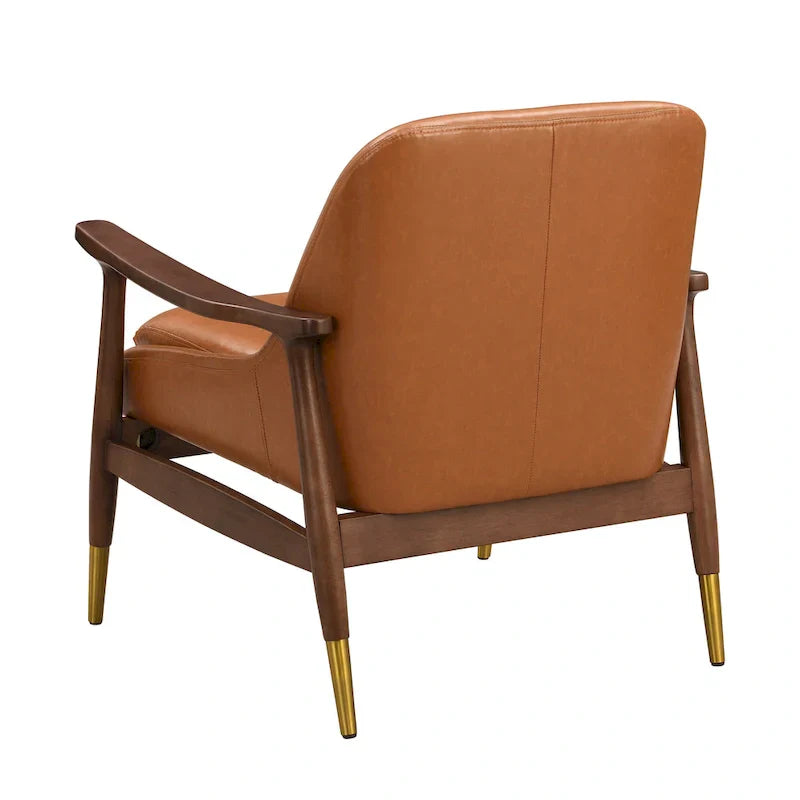 Mid-Century Modern Faux Leather Accent Chair - 29.2", Cushioned Seat, Sturdy Wood Frame, and Brass-Tipped Legs