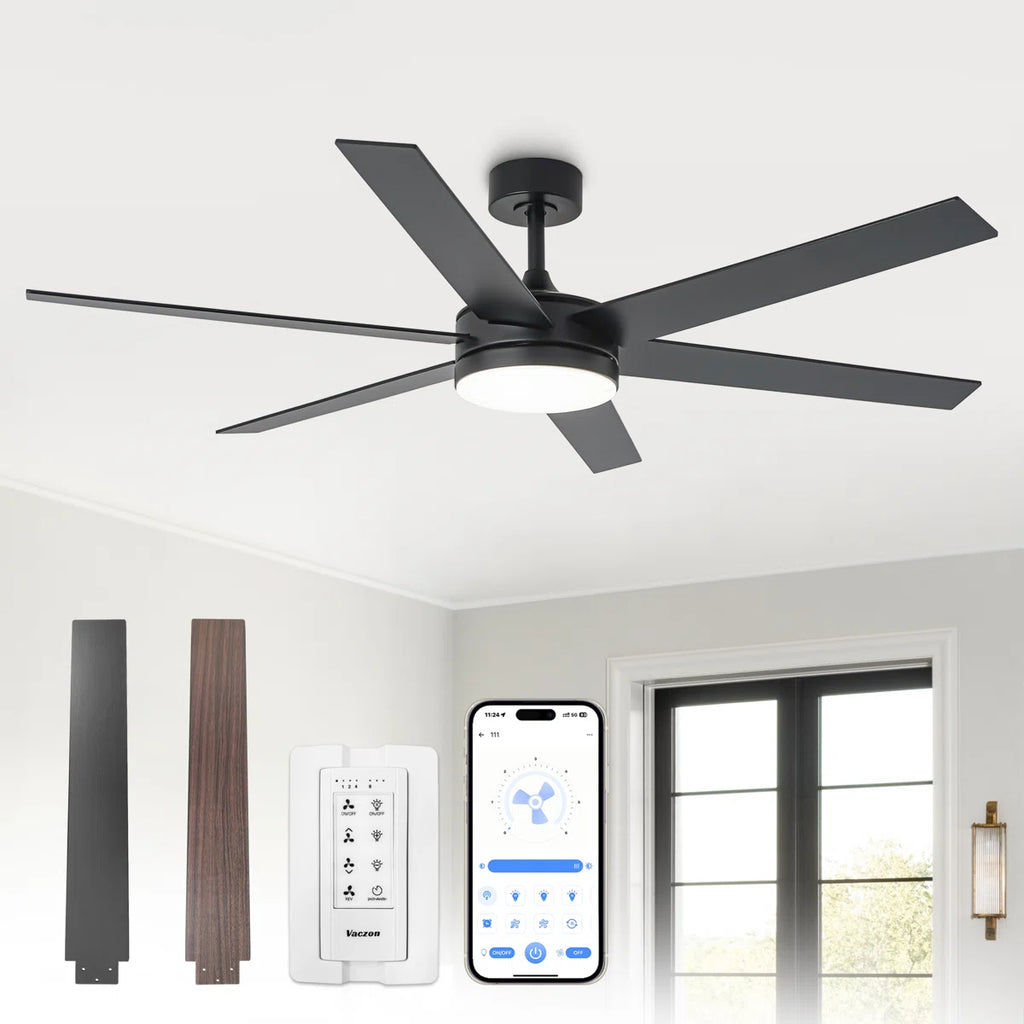 Vaczon 60" Modern Smart Large Ceiling Fan with Dimmable 3CCT LED Lights, 6-Speed Reversible DC Motor, Timer, Remote, and App Control