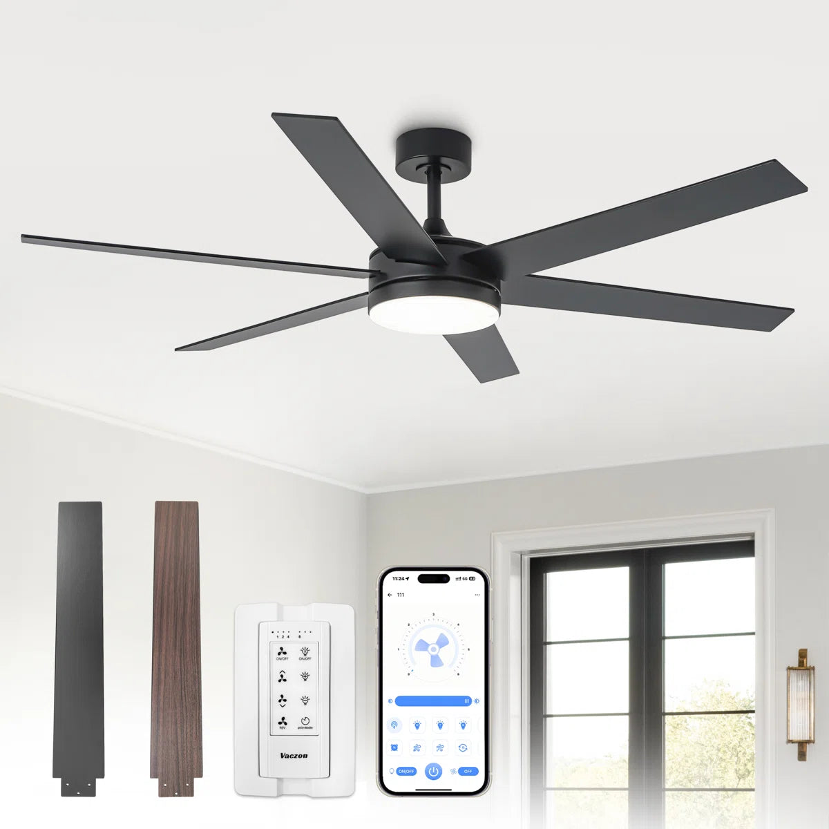 Vaczon 60" Modern Smart Large Ceiling Fan with Dimmable 3CCT LED Lights, 6-Speed Reversible DC Motor, Timer, Remote, and App Control