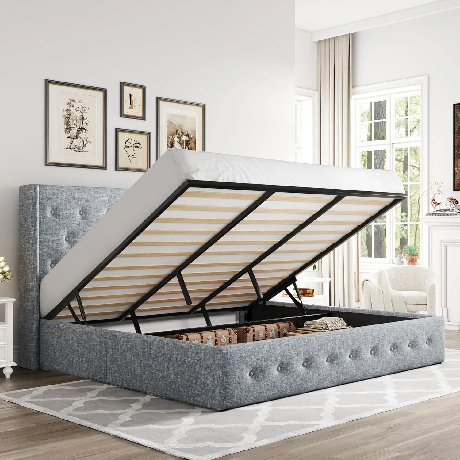 Allewie Queen Size Lift Up Storage Bed, Modern Wingback Headboard, Hydraulic Support, No Box Spring Needed, Light Beige