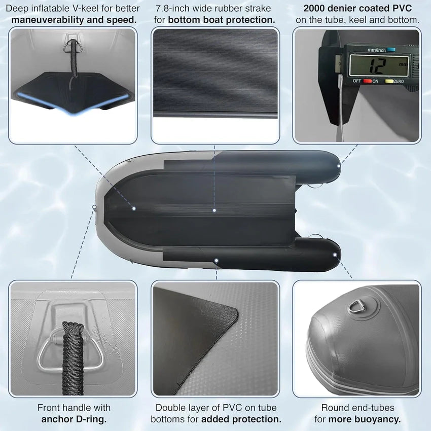 Inflatable Boat | Yacht Dinghy Tender Raft | Multi Person Fishing Boat | Aluminum Floor Oars | Fishing Rod Holders | Heavy-Duty PVC | 2024 Model |