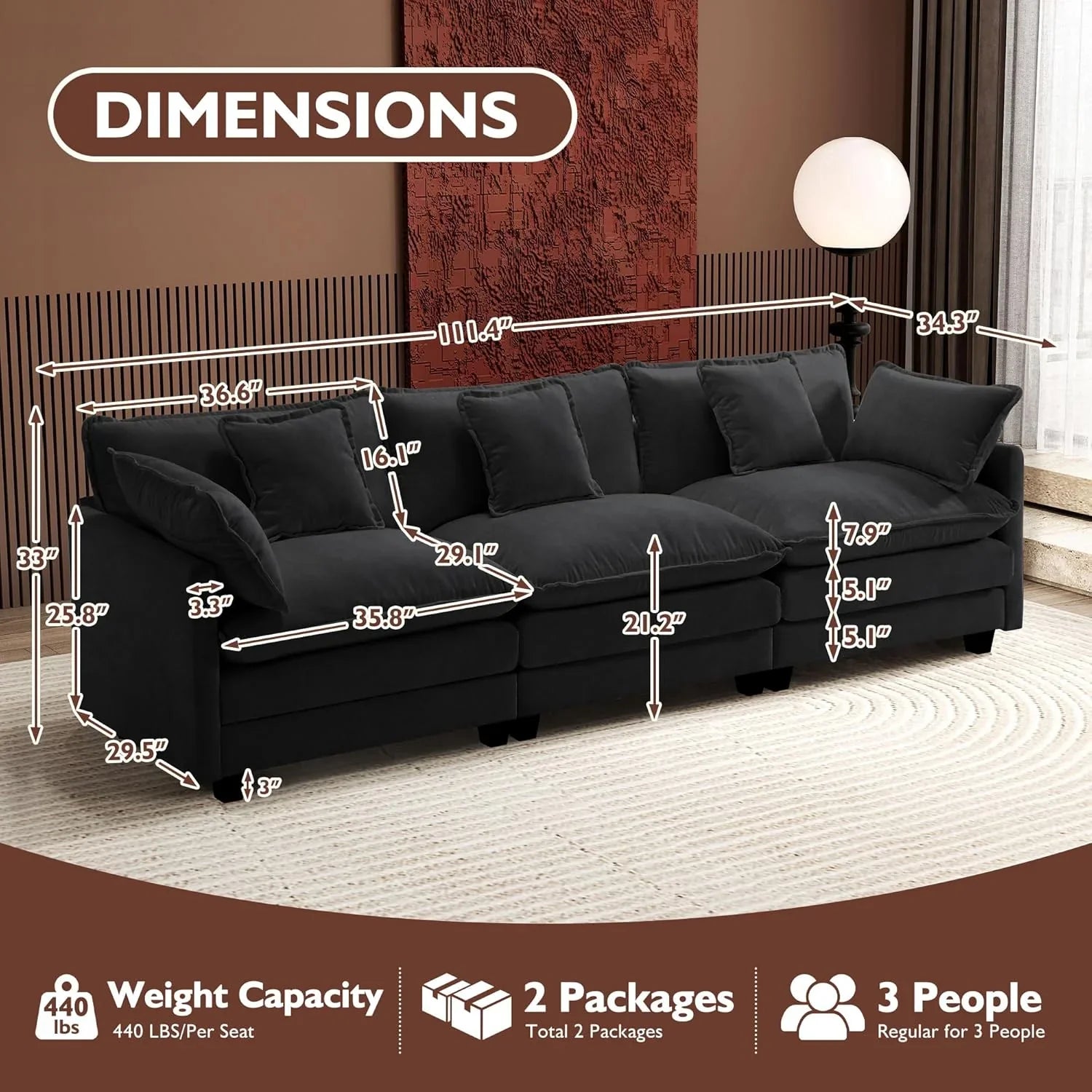Ihanherry 146" U-Shaped Modern Sofa Modular Sectional Cloud Couch with 2 Ottoman, 6-Seat Chenille Deep Seat Sofa with 6 Pillows for Living Room, Bedroom and Apartment, Grey