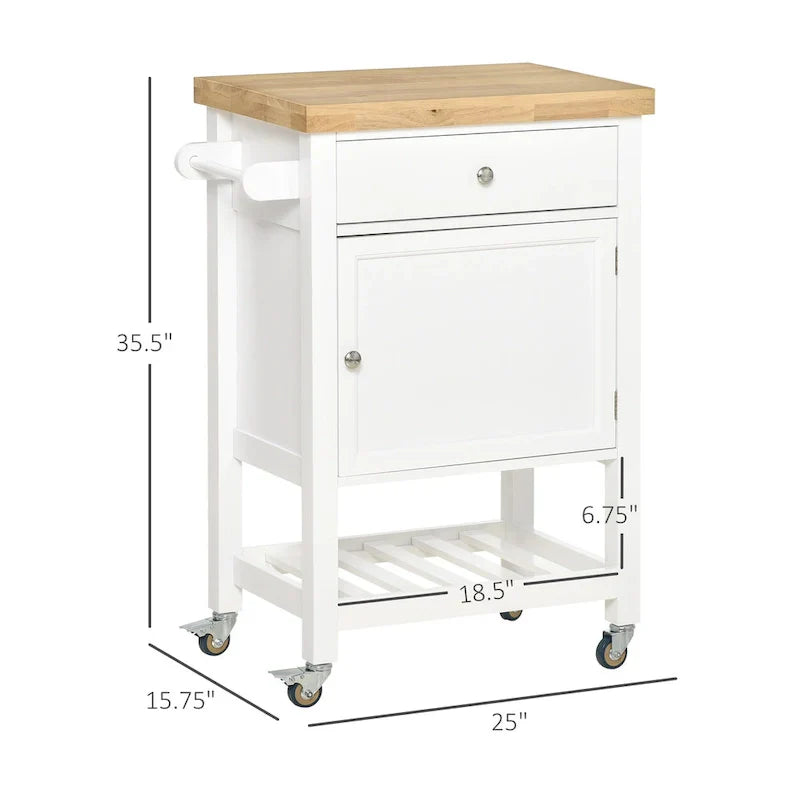 HOMCOM Rolling Kitchen Cart - Versatile Kitchen Island with Smooth Rubberwood Top and Narrow Butcher Block Surface on Wheels