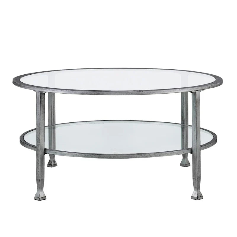 Glenn Distressed Silver Round Coffee Table with Glass Top and Shelf by SEI Furniture