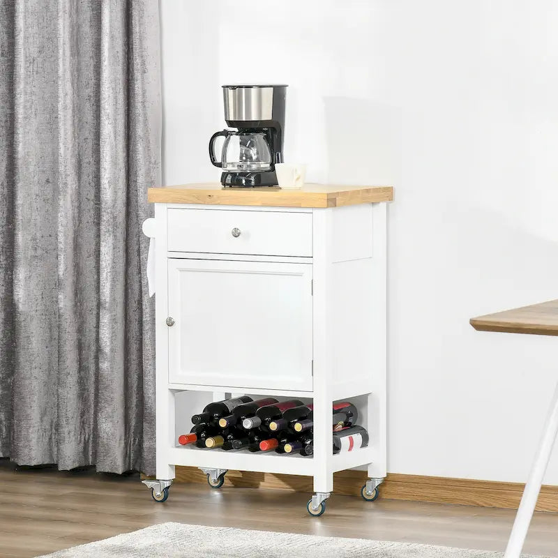 HOMCOM Rolling Kitchen Cart - Versatile Kitchen Island with Smooth Rubberwood Top and Narrow Butcher Block Surface on Wheels