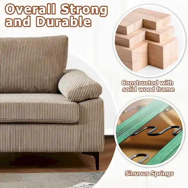 HOOOWOOO Reversible Corduroy Chaise Sofa with Wide Armrests and Ottoman for Living Room