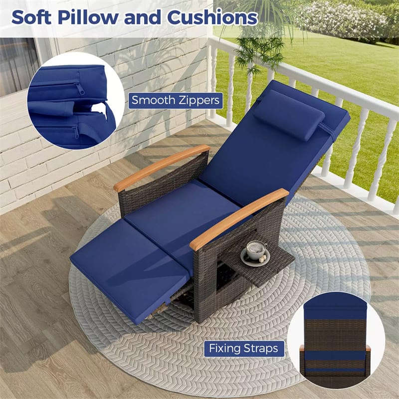 Outdoor 360° Swivel Rattan Recliner Chair with Adjustable Backrest & Footrest, Patio Wicker Chaise Lounge Chair with Flip Side Table & Cushion