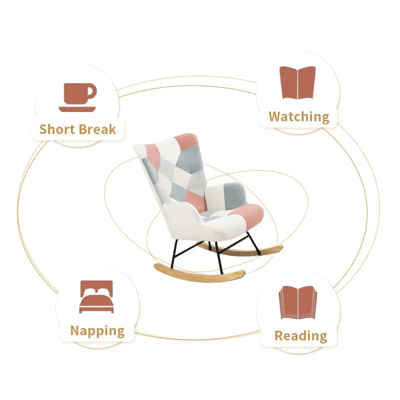 Mid-Century Patchwork Linen Rocking Chair with Wooden Legs