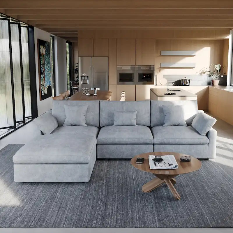 Sectional Couch with L-Shaped Design and Linen Upholstery, Featuring Multiple Cushions