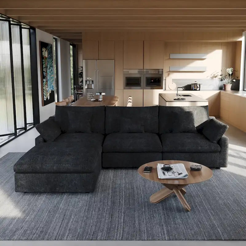 Sectional Couch with L-Shaped Design and Linen Upholstery, Featuring Multiple Cushions