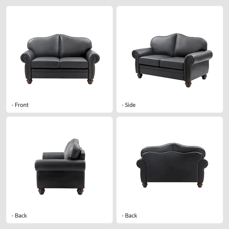 Leather Loveseat Sofa with Rolled Arms and Nailhead Trim