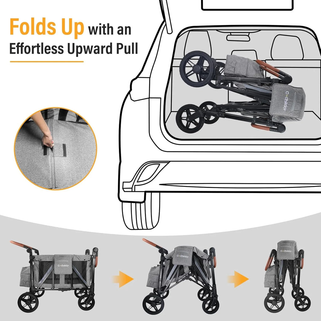 All-Terrain 4 Seater Wagon Stroller for Kids - Heavy-Duty 300lb Capacity, One-Hand Fold Design, High Seats with 5-Point Harness, Adjustable Canopy and Handlebars, Light Grey