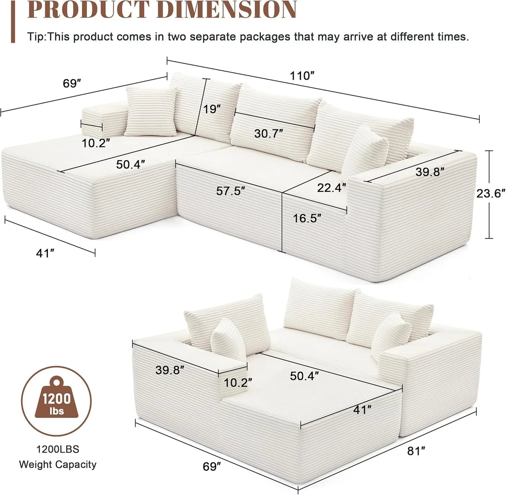 110 Cloud Sectional Couch, Boneless Sofa for Living Room Modular Sectional Sofa with Deep Seat