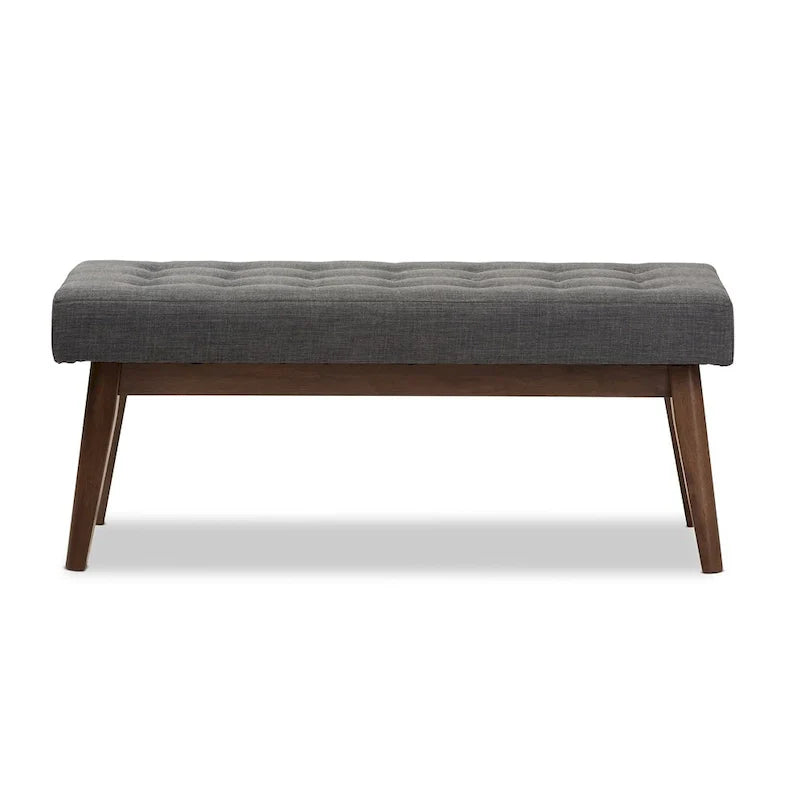 Mid Century Upholstered Bench with Tufted Seat and Wooden Legs