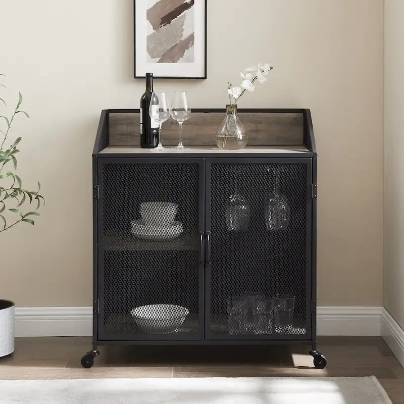 Industrial Bar Cabinet Cart with Mesh Doors Shelves and Wheels