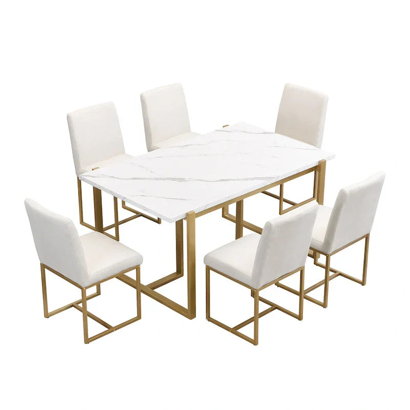 GDFStudio Carter Contemporary Rectangular Dining Set with Faux Marble Table and Six Upholstered Chairs