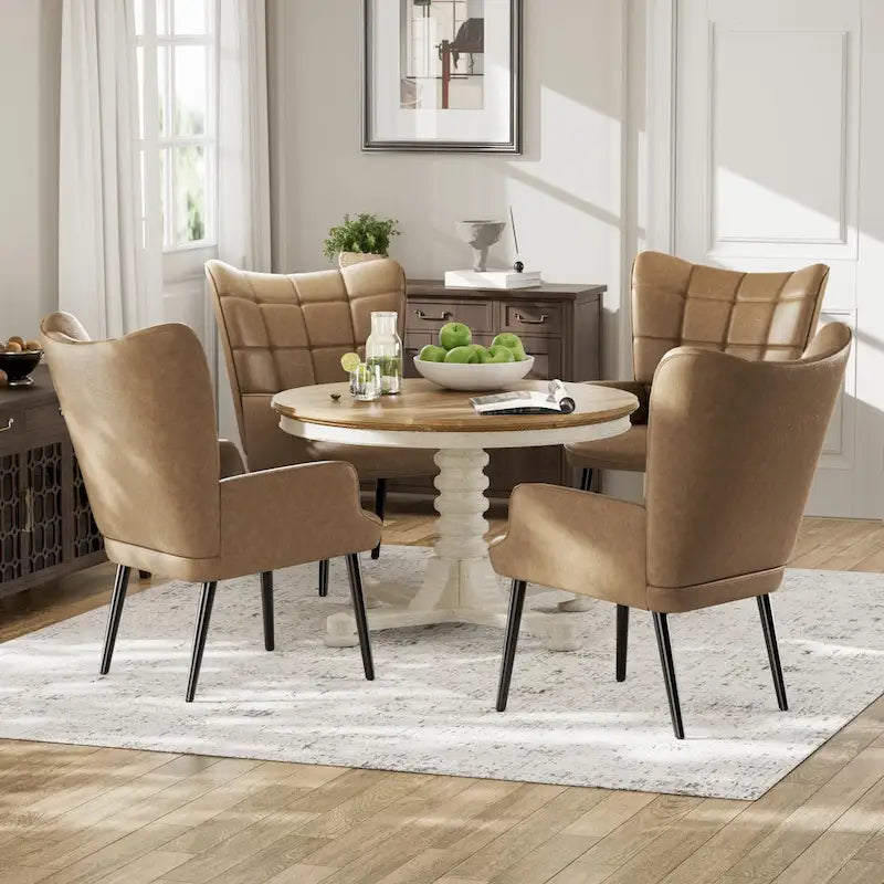 Set of 2 High-Back Tufted Accent Chairs in Cream, Brown, and Taupe