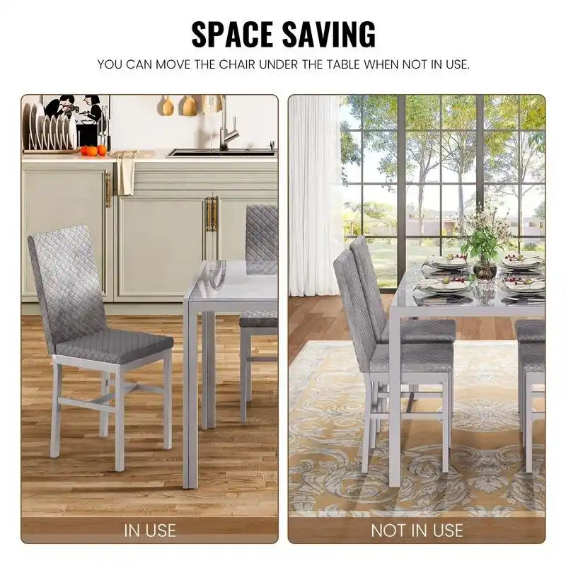 Grondin Contemporary 5-Piece Dining Set with Tempered Glass Table and 4 Diamond-Stitched PU Leather Chairs