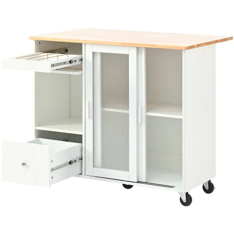 Kitchen Island with Drop Leaf Sliding Glass Doors and Storage on Wheels