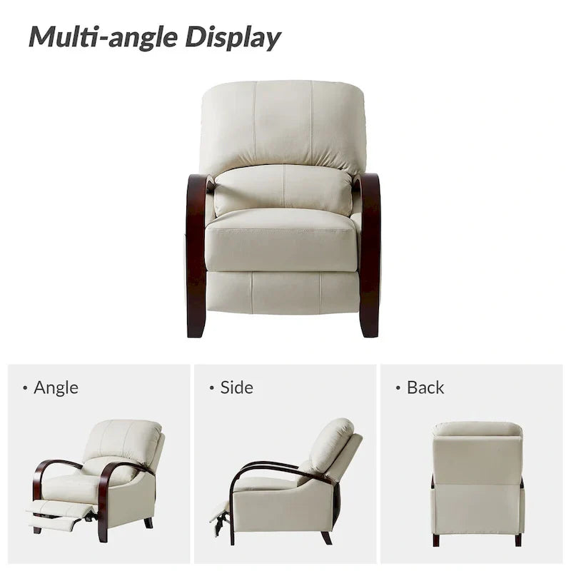 Set of 2 Alex Mid-Century Modern Genuine Leather Manual Recliners with Curved Wooden Arms