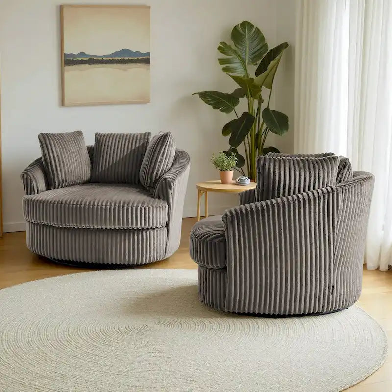 Set of 2 Oversized 43" Plush Corduroy Swivel Barrel Chairs with Cushions