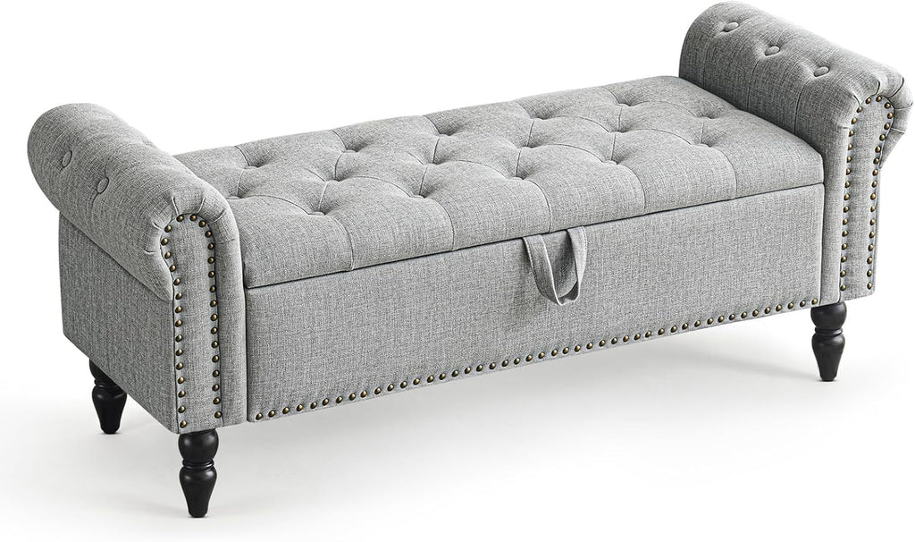 Furniliving Modern Storage Ottoman Bench, Sherpa Ottoman End of Bed Bench with Solid Wood Legs Upholstered Ottoman Benches with Storage Indoor Bench for Living Room with Rolled Arm, Entryway, White