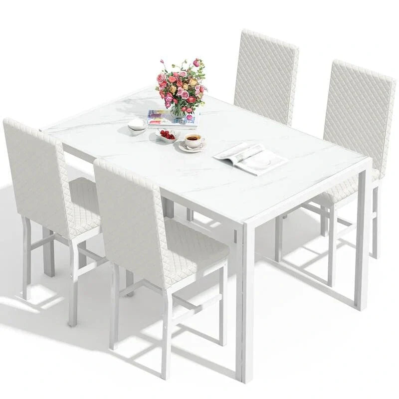 Grondin Contemporary 5-Piece Dining Set with Tempered Glass Table and 4 Diamond-Stitched PU Leather Chairs