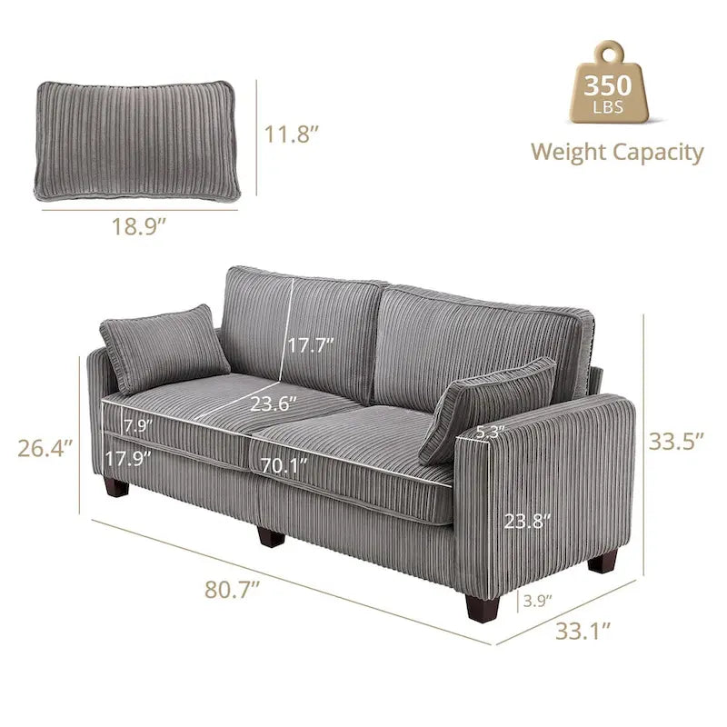 LUE BONA 81 Contemporary Corduroy 3-Seater Sofa - Upholstered Polyester Rectangle Design with Wooden Base for Living Room