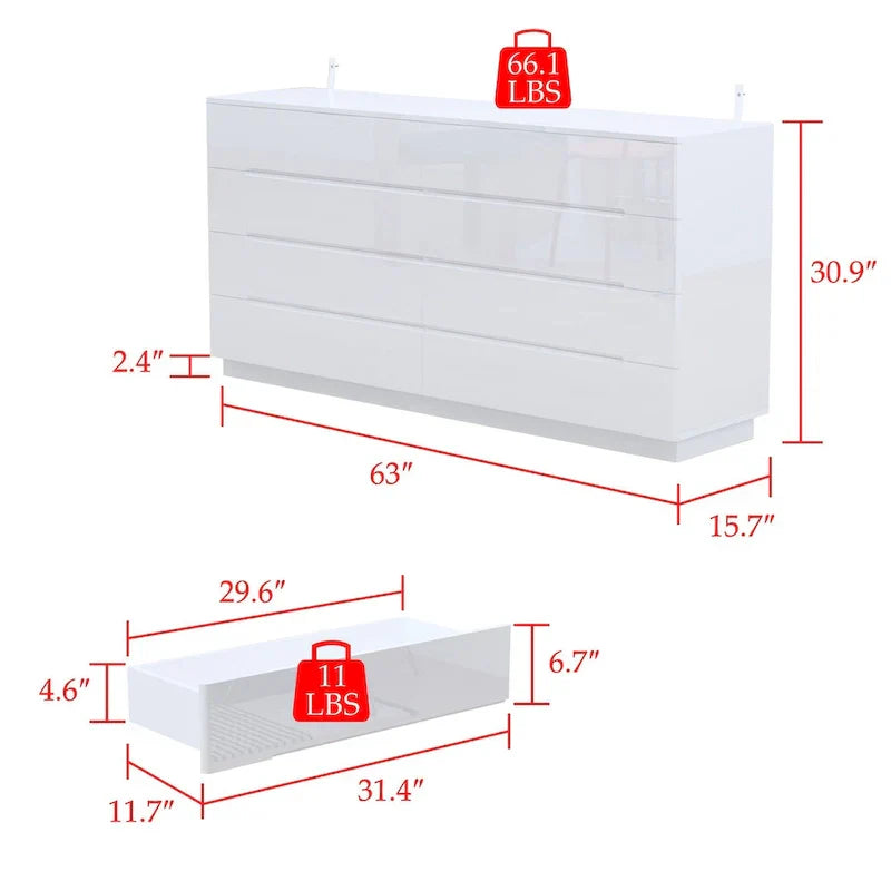 Light Dual Chest 8-Drawer Double Dresser with High Gloss Finish