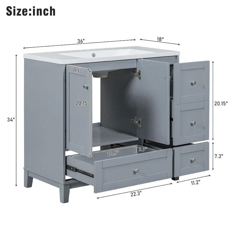 36 Inch Bathroom Vanity with USB Charging, Resin Sink, Solid Wood Frame, 3 Drawers Storage