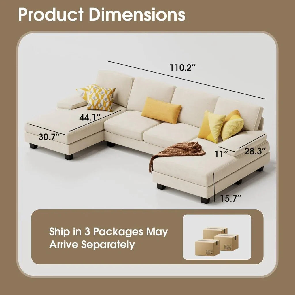 Furmax Sectional Couches for Living Room, U-Shaped Sofa Couch with Linen Fabric, 4 Seat Sofa Set with Double Chaise for Apartment (Fabric, Grey)