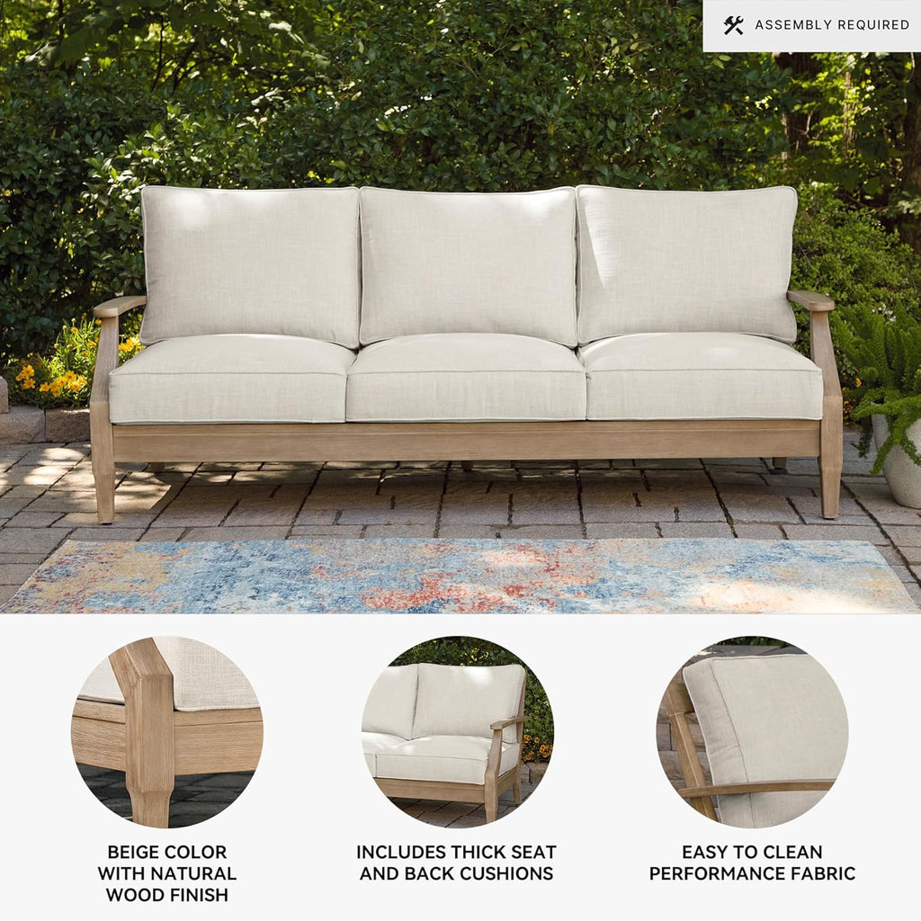 Signature Design by Ashley Clare View Coastal Outdoor Patio Eucalyptus Sofa with Cushions, Beige