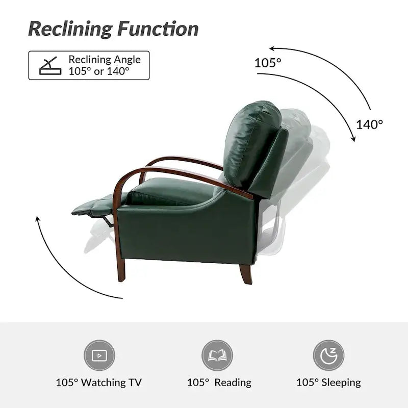 Set of 2 Alex Mid-Century Modern Genuine Leather Manual Recliners with Curved Wooden Arms