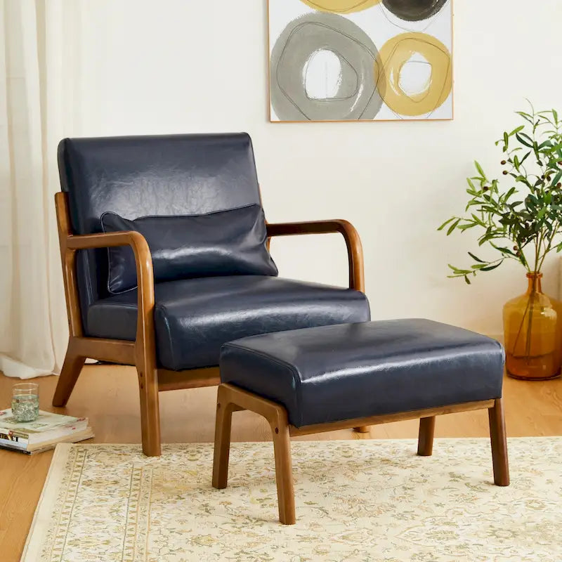Glitzhome 30.75-Inch Mid-Century PU Leather Armchair and Ottoman Set