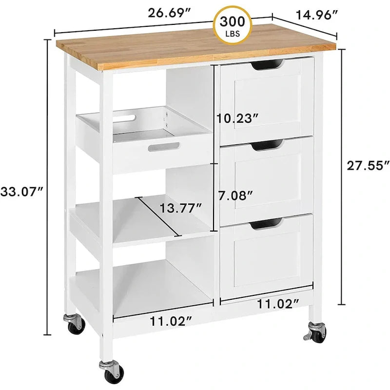 Kleio Solid Wood Kitchen Island Storage Cart with 3 Drawers - Rolling Serving Trolley
