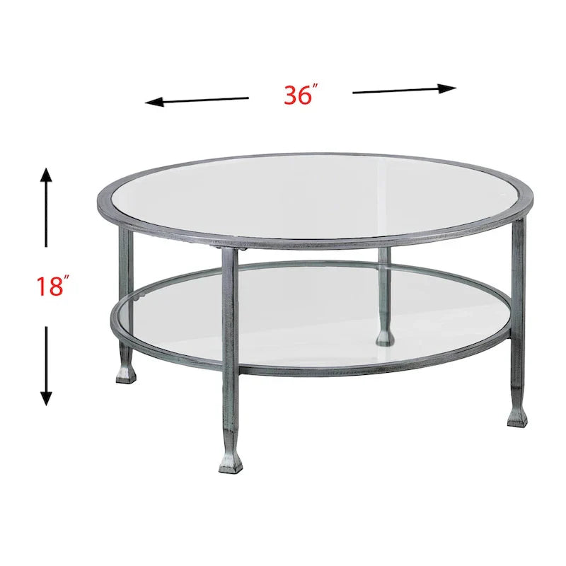 Glenn Distressed Silver Round Coffee Table with Glass Top and Shelf by SEI Furniture