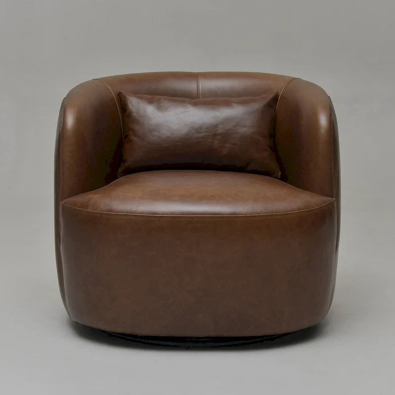 KINWELL Contemporary Genuine Leather Swivel Armchair with Cushion