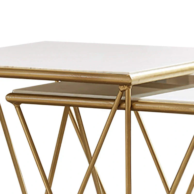Set of 2 Marble Top Nesting Tables with Geometric Gold Base, White Finish