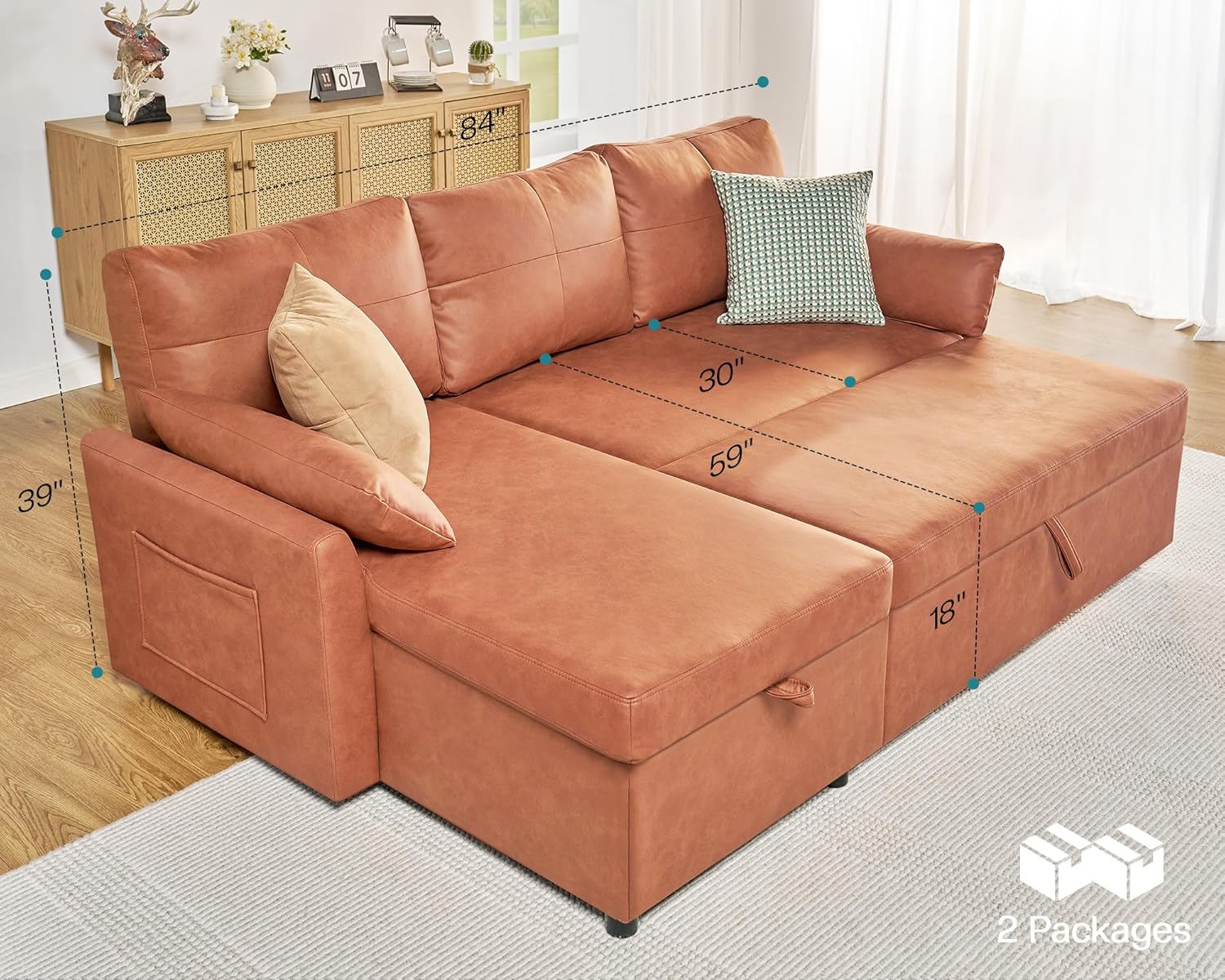 VanAcc Sofa Bed, Sleeper Sofa with Storage Chaise 2 in 1 Pull Out Couch Living Room